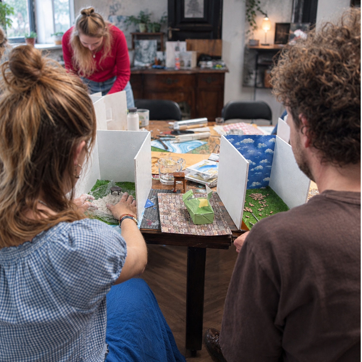 Deelnemers bouwen samen aan een miniatuurwereld op een grote tafel tijdens de 3D Storytelling workshop van Miniatures Guild in Utrecht