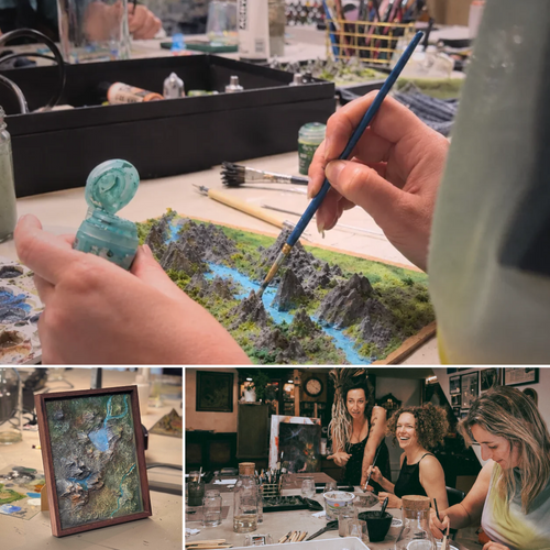 Collage van deelnemers die een miniatuurlandschap schilderen en bouwen tijdens de Miniature Landscape workshop van Miniatures Guild in Utrecht