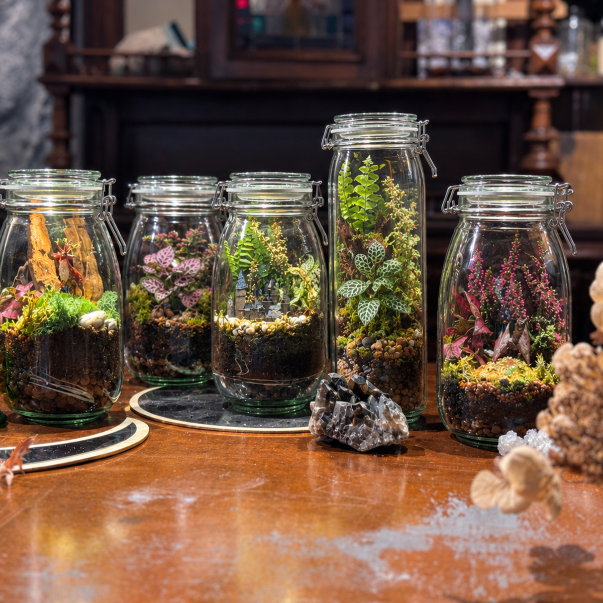 Vijf zelfgemaakte terrariums met varens, mos en heide na de terrarium workshop, door Miniatures Guild