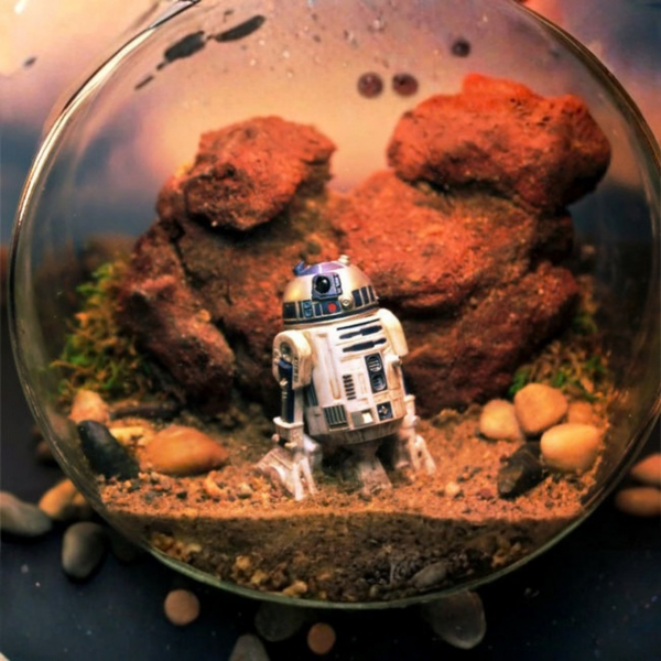 Sci-fi terrarium met een robotje tussen rode rotsen in een glazen bol, nerdy terrarium workshop door Miniatures Guild